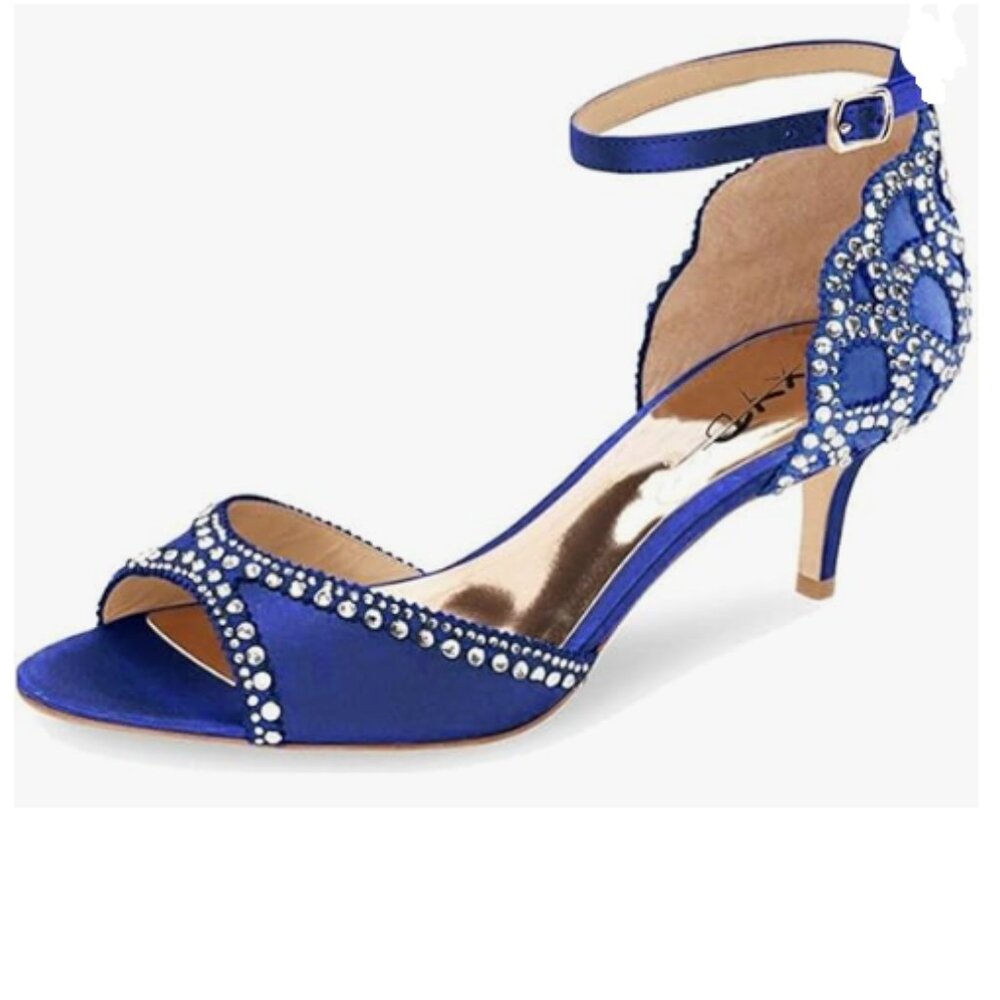XYD Blue Open Toe Rhinestones Ankle Strap Sandals Low Heel Bridal Evening Shoes